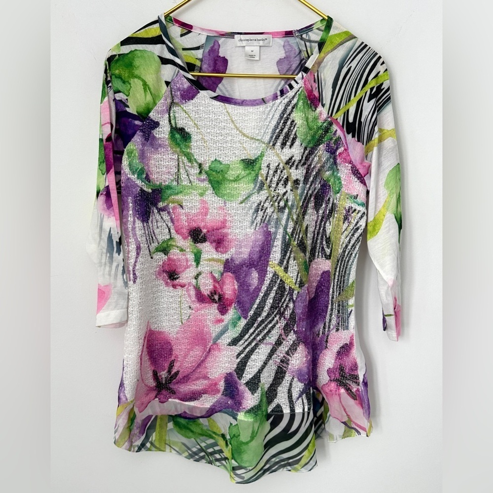 Christopher & Banks Colorful Floral Zebra 3/4 Sleeve Knit Front Top Medium